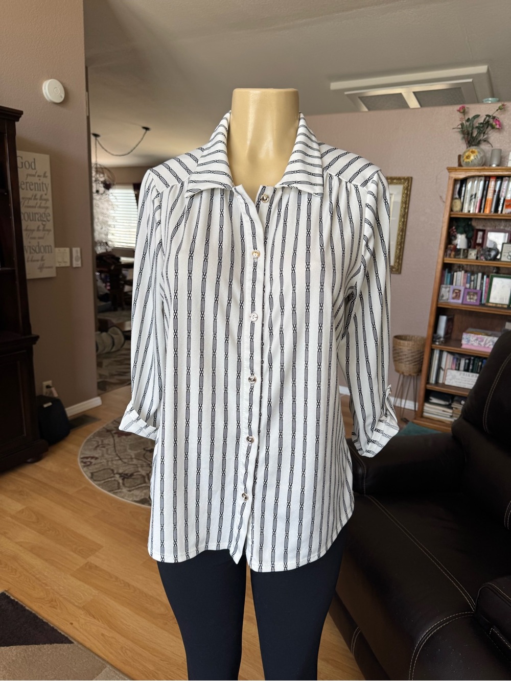 PerSeption Concept white & black striped button front blouse-size M